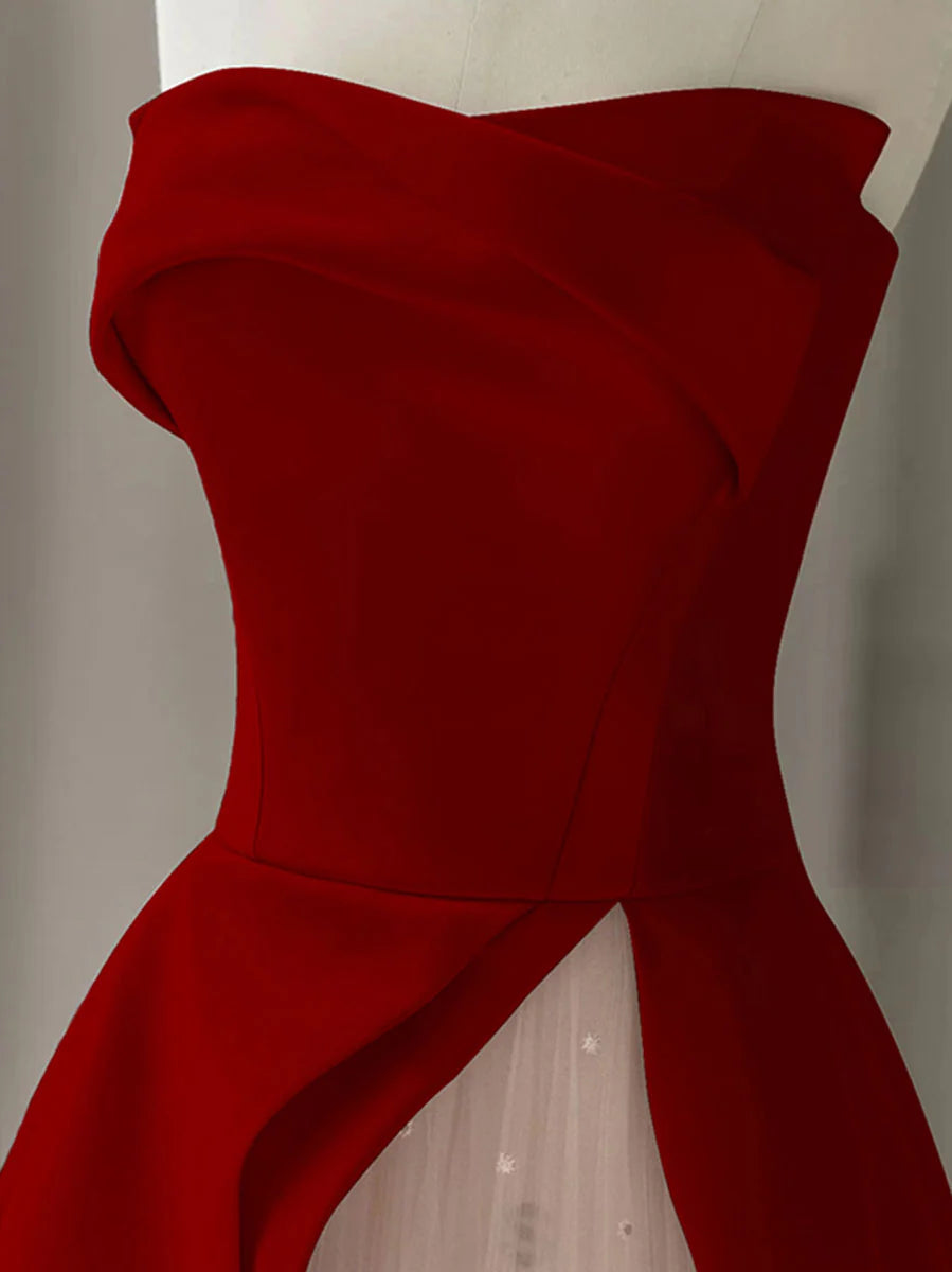 Vestido largo de fiesta de satén burdeos de Aline